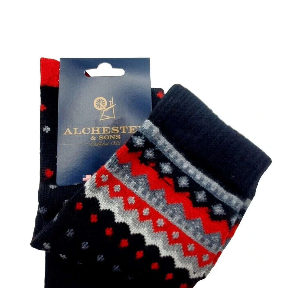 Black Fair Isle Merino Wool Crew Socks Mens Large Dress Alchester Telluride NEW